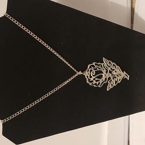 Silver tone pewter rose flower statement necklace- 24 in